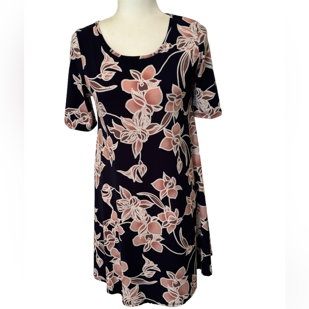 SJS Navy with Pink Flowers Short Sleeve Swing Dress Size Medium